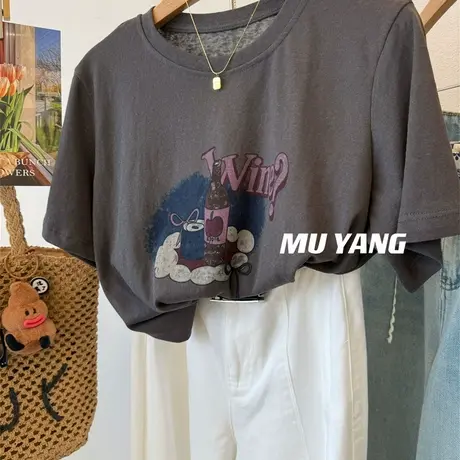 夏日2025NWE 舒适轻薄 葡萄酒瓶印花短袖雪花棉凉感T恤百搭上衣女商品大图