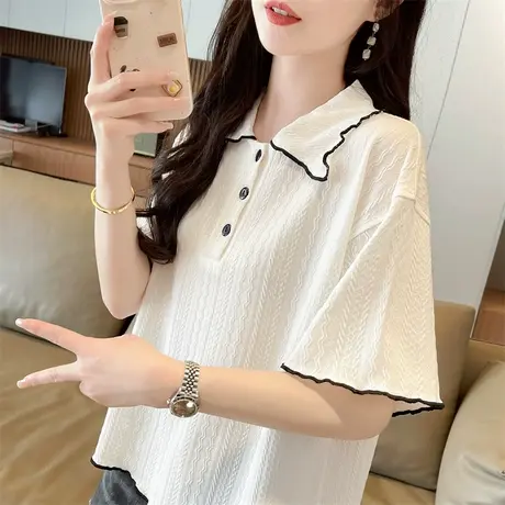 polo领小个子短袖t恤女夏季2024新款韩版宽松大码娃娃领短款上衣图片