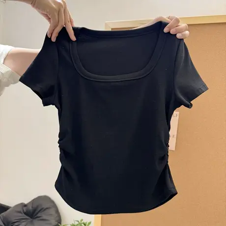 黑色高级感方领正肩短袖T恤女夏季韩版修身短款小个子收腰上衣潮商品大图