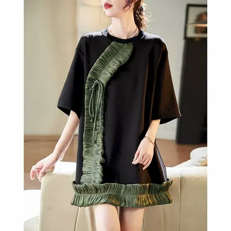 宝诗黎圆领拼接中长款T恤女2025夏季新款五分袖宽松落肩休闲上衣商品大图