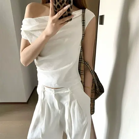 白色纯欲性感一字斜露肩短袖T恤女夏季修身小个子短款韩版上衣潮图片