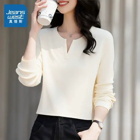 KMV真维斯白色正肩长袖t恤女2025新款秋季v领显瘦修身设计感上衣商品大图