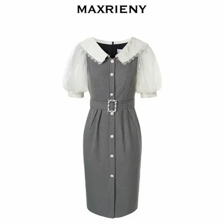 【奥莱】MAXRIENY法式浪漫黑白格纹翻领连衣裙复古格纹裙子女商品大图