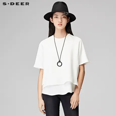 sdeer圣迪奥2019夏装唯美白色肌理两层底摆中袖套头T恤S17480225图片