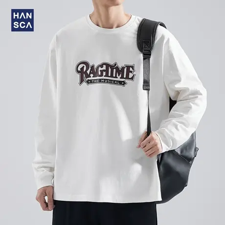 hansca 美式字母印花长袖t恤男士秋季重磅圆领宽松大码内搭打底衫商品大图