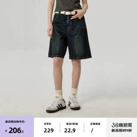 omont蛋挞家  复古水洗牛仔短裤春季款高腰显瘦直筒五分裤子商品大图