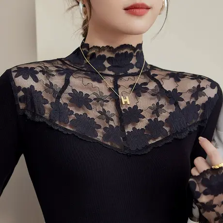 五公主蕾丝打底衫厚秋冬季新款高领妈妈小衫黑色内搭外穿洋气上衣商品大图