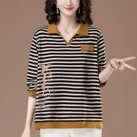 条纹长袖T恤女春秋季宽松加肥加大码女装中年妈妈休闲翻领打底衫图片