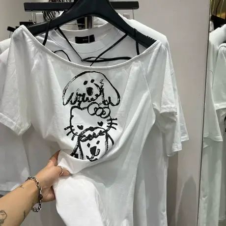 韩国2025夏季新款辣妹修身卡通猫咪印花短袖漏腰T恤女一字肩上衣图片