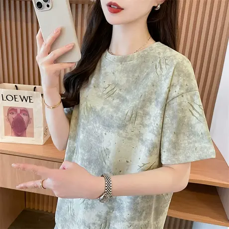 渐变色扎染短袖t恤女2025新款夏季韩版宽松大码女装百搭半袖上衣商品大图