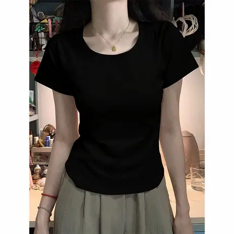 黑色高级感圆领正肩短袖T恤女夏季2025新款修身韩版百搭半袖上衣商品大图