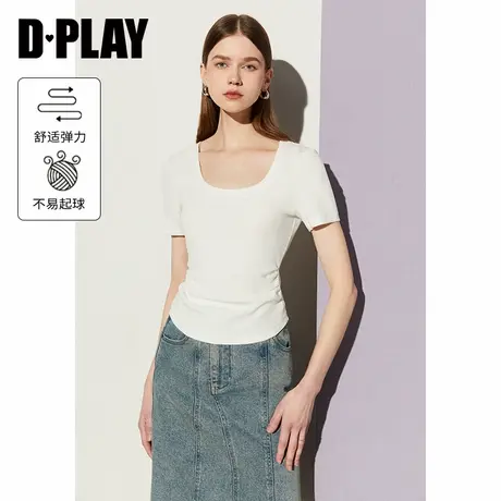 DPLAY夏新气质通勤白色U型领短袖弹力前中抽褶修身T恤上衣女图片