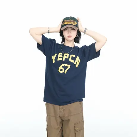 美式复古发泡字母印花短袖T恤女2025夏季新款宽松情侣款半袖上衣商品大图