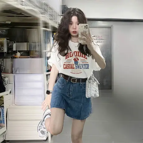 美式白色短袖t恤女夏季2025新款设计感纯棉宽松半袖正肩体恤上衣商品大图