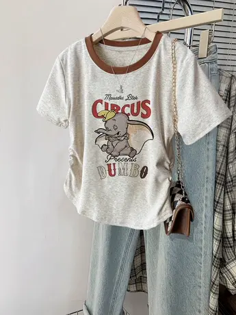 高级感短款T恤夏季2024新款收腰港风印花短袖女ins慵懒风修身上衣商品大图