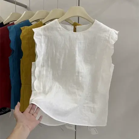 韩版小个子修身无袖衬衫女2025夏季新款荷叶边小衫时尚设计感上衣商品大图