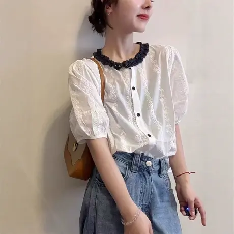 韩系拼色木耳边泡泡袖衬衫2025夏季新款女甜美减龄时尚百搭上衣潮商品大图