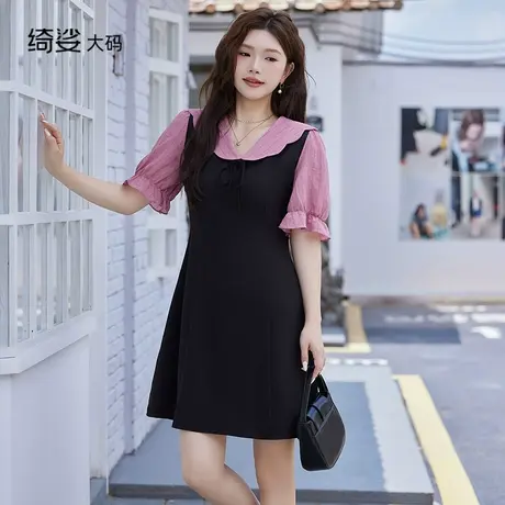 2025夏装新款甜美减龄娃娃领收腰遮肉显瘦百搭短袖连衣裙商品大图