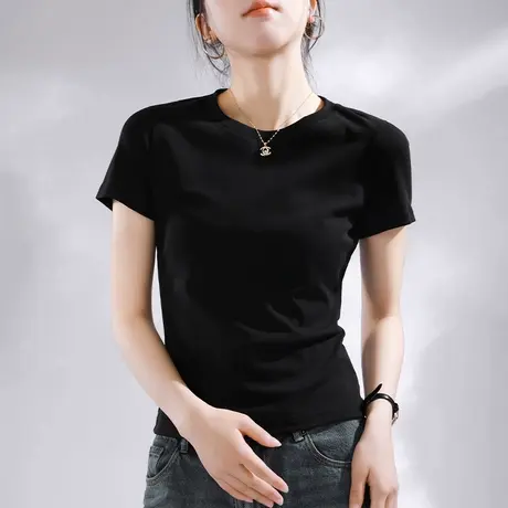 KMV真维斯黑色正肩短袖t恤女夏2025新款减龄短款薄款紧身显瘦上衣商品大图