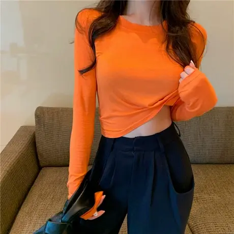 长袖艳橘色爵士舞蹈上衣女团风格服装微透视短款jazz糖果色T恤薄商品大图