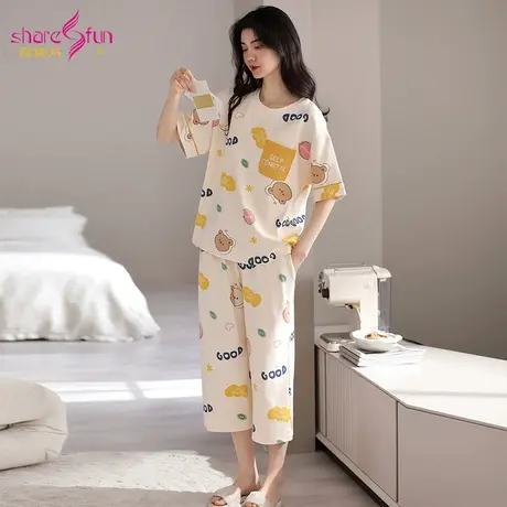 sharefun/霞黛芳全棉小熊睡衣短袖七分裤可外穿宽松家居服套装女商品大图