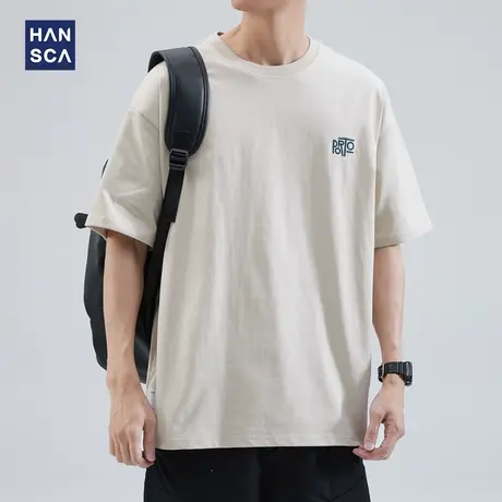 hansca 圆领短袖t恤男宽松运动夏季简约日系休闲复古纯棉半袖体恤商品大图