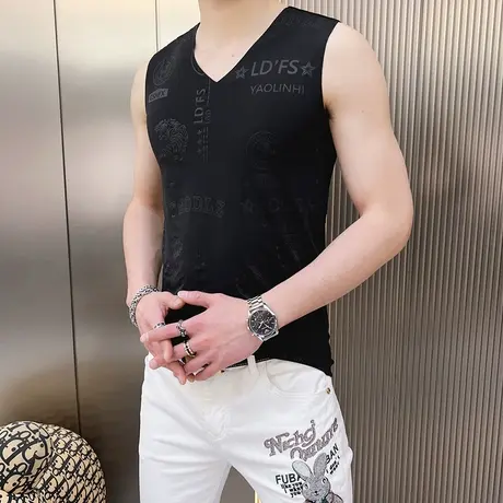 夏季男士冰丝背心坎肩无袖t恤汗衫潮流个性潮牌男装上衣服打底衫商品大图