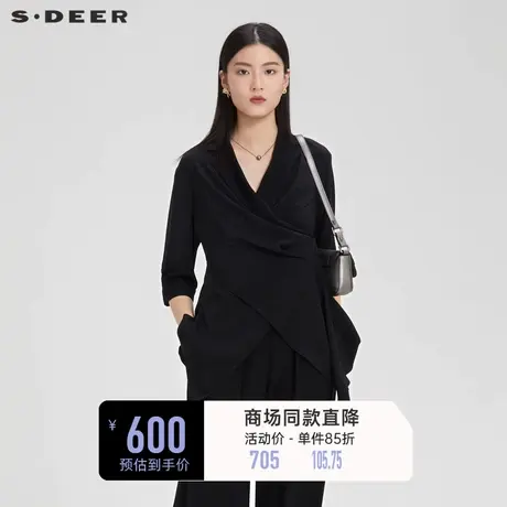 sdeer圣迪奥女西装领设计感交叉吊带两件套黑色中袖衬衫S23280403🧣商品大图