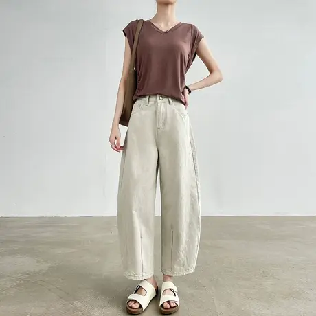 九分米色哈伦牛仔裤女夏季高腰宽松八分小个子显瘦镰刀香蕉弯刀裤商品大图