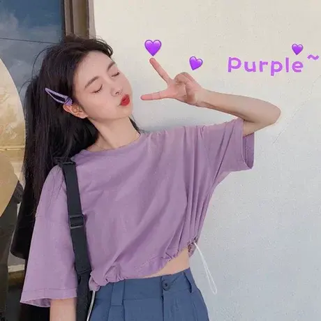 短袖t恤女小众设计感韩版宽松小个子高腰很仙的抽绳短款上衣ins潮商品大图