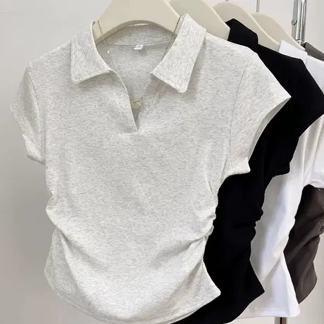 辣妹褶皱收腰短袖T恤女夏季修身韩版内搭打底衫短款Polo领上衣服图片