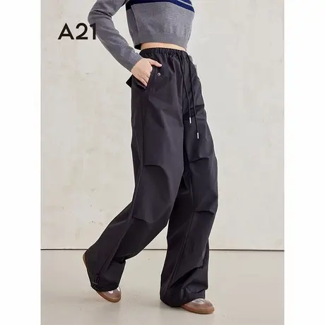 A21女装2024秋季新款梭织设计感褶皱美式工装裤高腰休闲运动裤商品大图