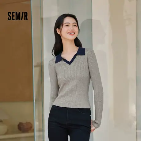 森马毛衣女短款修身显瘦气质简约风2024新款秋撞色polo领毛衫复古商品大图