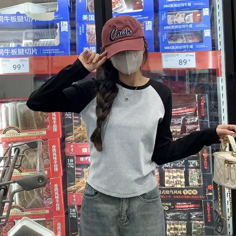 KWV真维斯长袖t恤女新款2025春秋季小个子修身内搭打底衫上衣商品大图