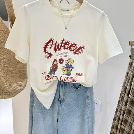 夏季新款韩系百搭卡通印花宽松显瘦高级米色短袖T恤女百搭上衣服商品大图
