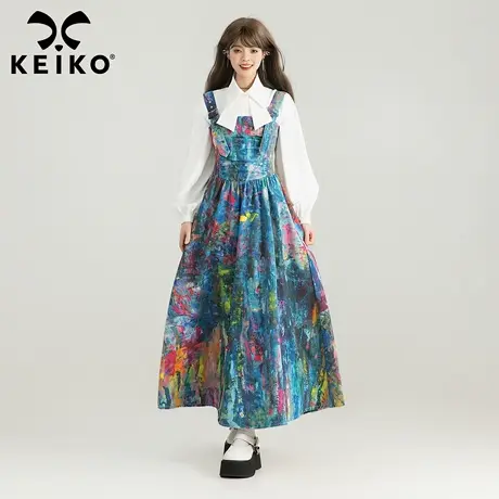 KEIKO 重工彩油喷绘牛仔吊带连衣裙25秋季艺术生穿搭花色背带长裙商品大图