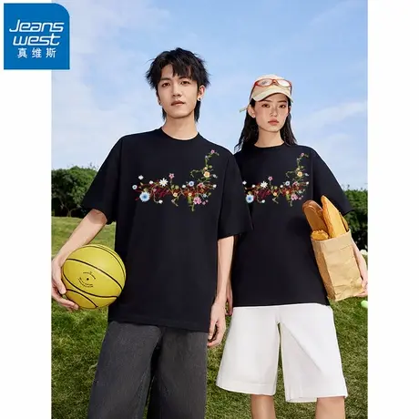 NR真维斯黑色纯棉正肩短袖t恤男女夏季新款设计潮牌印花宽松上衣商品大图