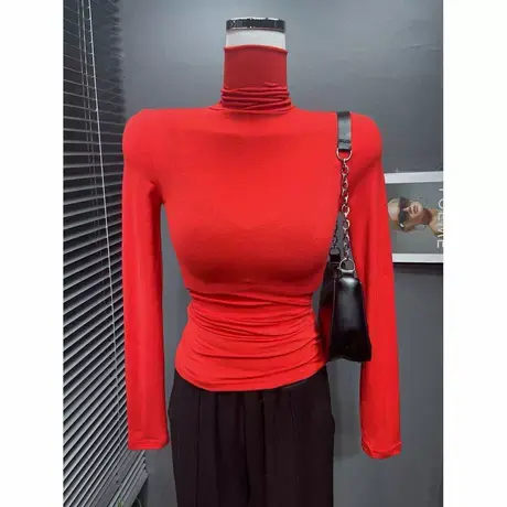 柔软质感~心机透视紧身性感基础款内搭堆堆领打底衫女薄款长袖t恤商品大图