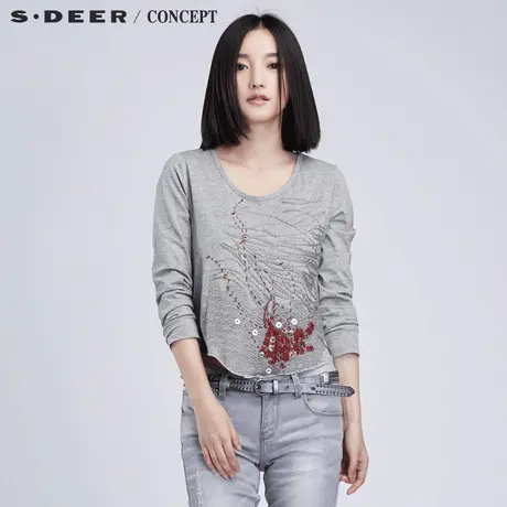 sdeer圣迪奥2017秋自由灵动线迹绣花长袖短款T恤S16380211图片