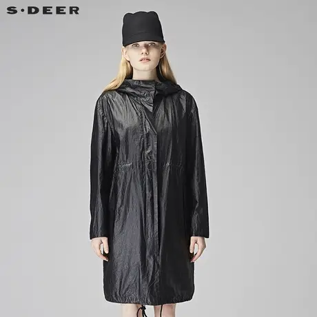 sdeer圣迪奥2018秋装简约酷黑连帽收腰长款风衣外套女S17181820图片