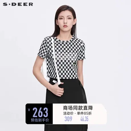 sdeer圣迪奥夏装个性圆领格纹字母修身短款T恤女S22280174图片