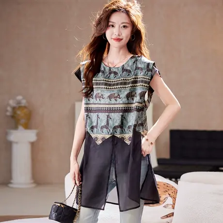 宝诗黎中长款拼接印花衬衫2025夏季设计感洋气假两件宽松休闲衬衣商品大图