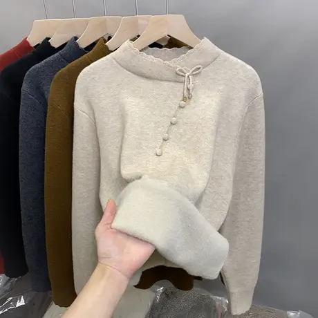 一体绒半高领毛衣女加绒加厚打底衫2024秋冬新款针织衫内搭上衣潮商品大图