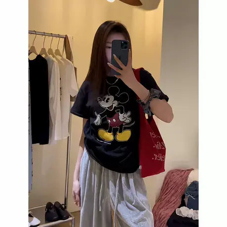2025新款纯棉卡通米老鼠印花短袖T恤女夏季女装体恤百搭黑色上衣商品大图