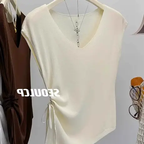 v领冰丝针织短袖T恤女夏季设计感小众修身超好看独特漂亮掐腰上衣图片