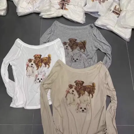 韩国东大门夏季新款狗狗印花薄款露肩长袖T恤女百搭宽松斜领上衣商品大图