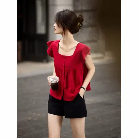 时尚气质衬衫2024年夏季新款女小飞袖方领减龄无袖宽松吊带上衣图片