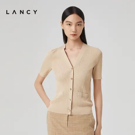 LANCY/朗姿女装2023春季新款通勤V领半袖针织开衫女通勤薄外套图片