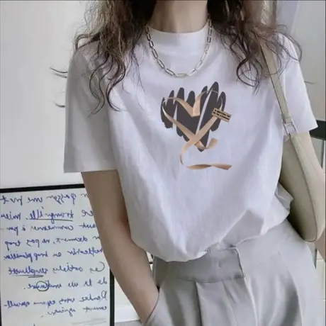 白色半高领短袖t恤女宽松夏印花2025新款纯棉高级感小众甜美上衣商品大图