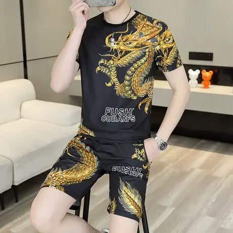 2025夏季新款短袖套装男士冰丝休闲运动百搭两件套帅气个性男装潮商品大图